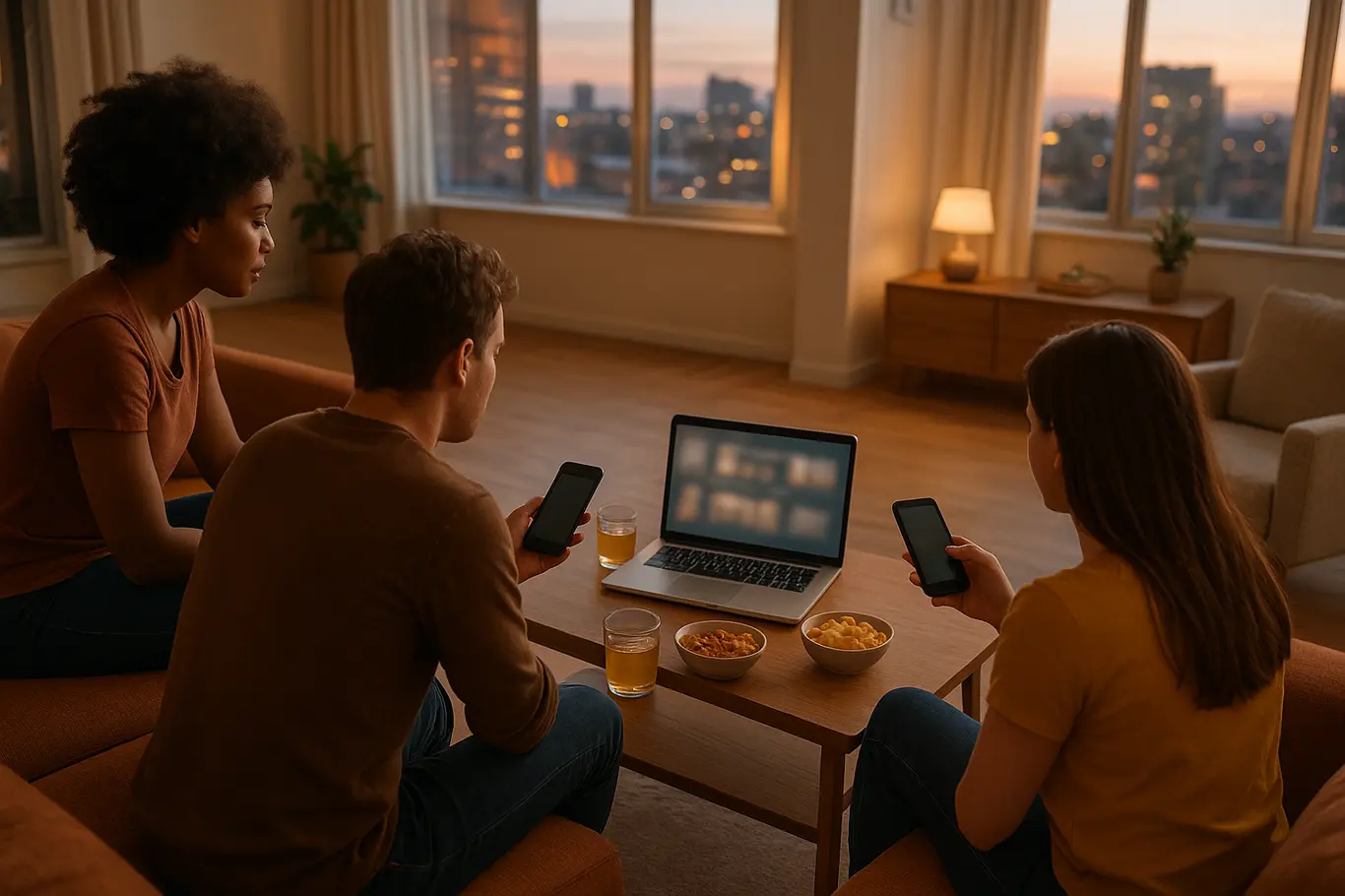 Sala de estar ampla com três amigos de costas assistindo a laptop e celulares, mesa com petiscos.