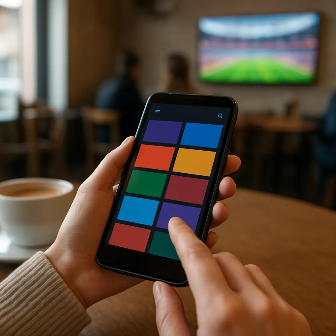 Close over-the-shoulder de mãos navegando em app de streaming genérico com cafeteria ao fundo desfocada.