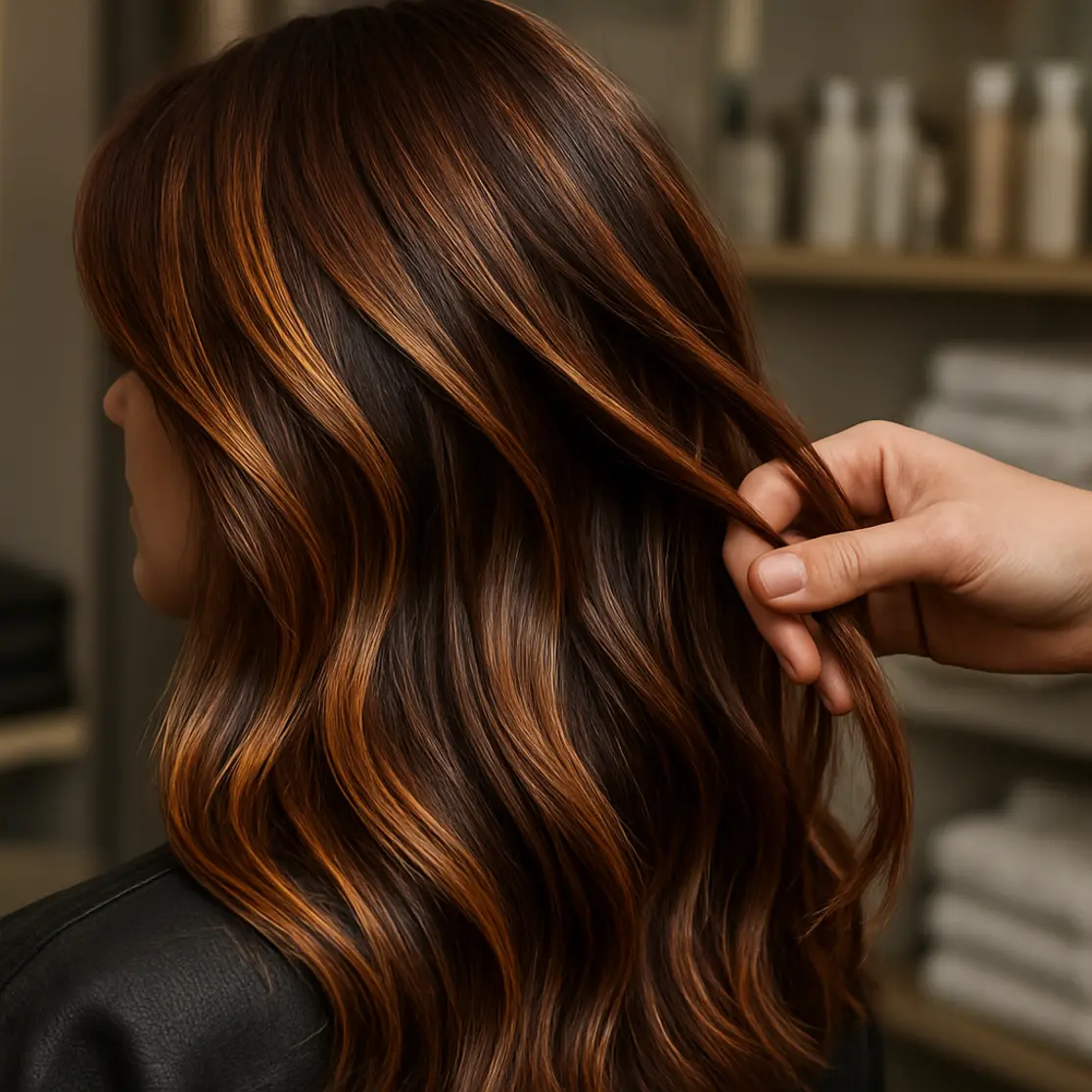 Detalhe de mechas em tons quentes sendo ajustadas por um hairstylist em backstage de salão
