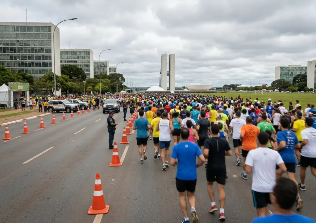 Vista ampla da Esplanada dos Ministérios com milhares de corredores na largada da Corrida Pela Vida e desvio de trânsito.