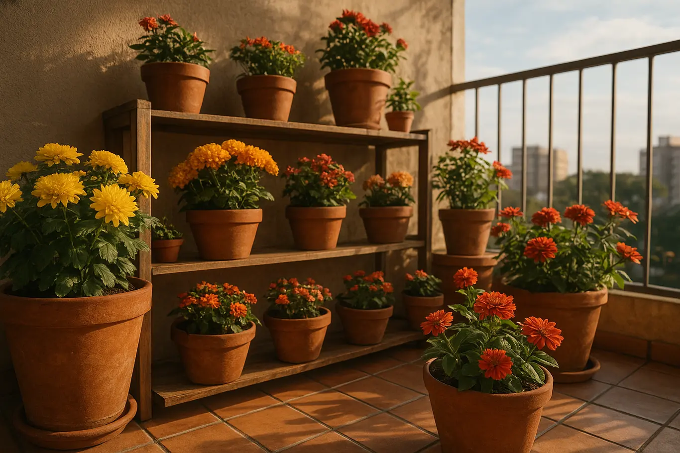 Varanda-jardim com vasos de crisântemos, kalanchoes e zínias ao entardecer