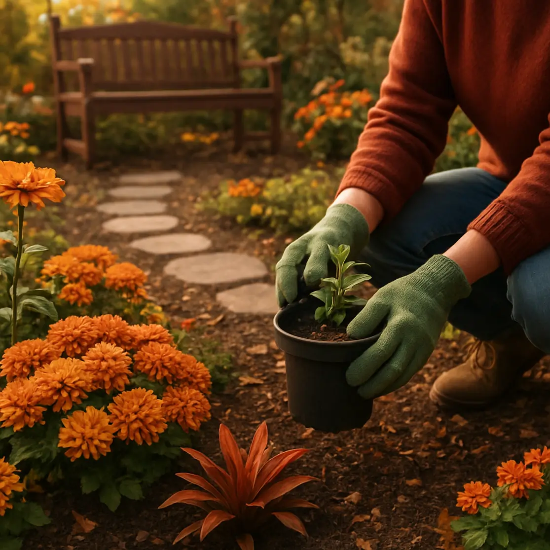 Canteiro de jardim com flores de outono e mãos cuidando das plantas