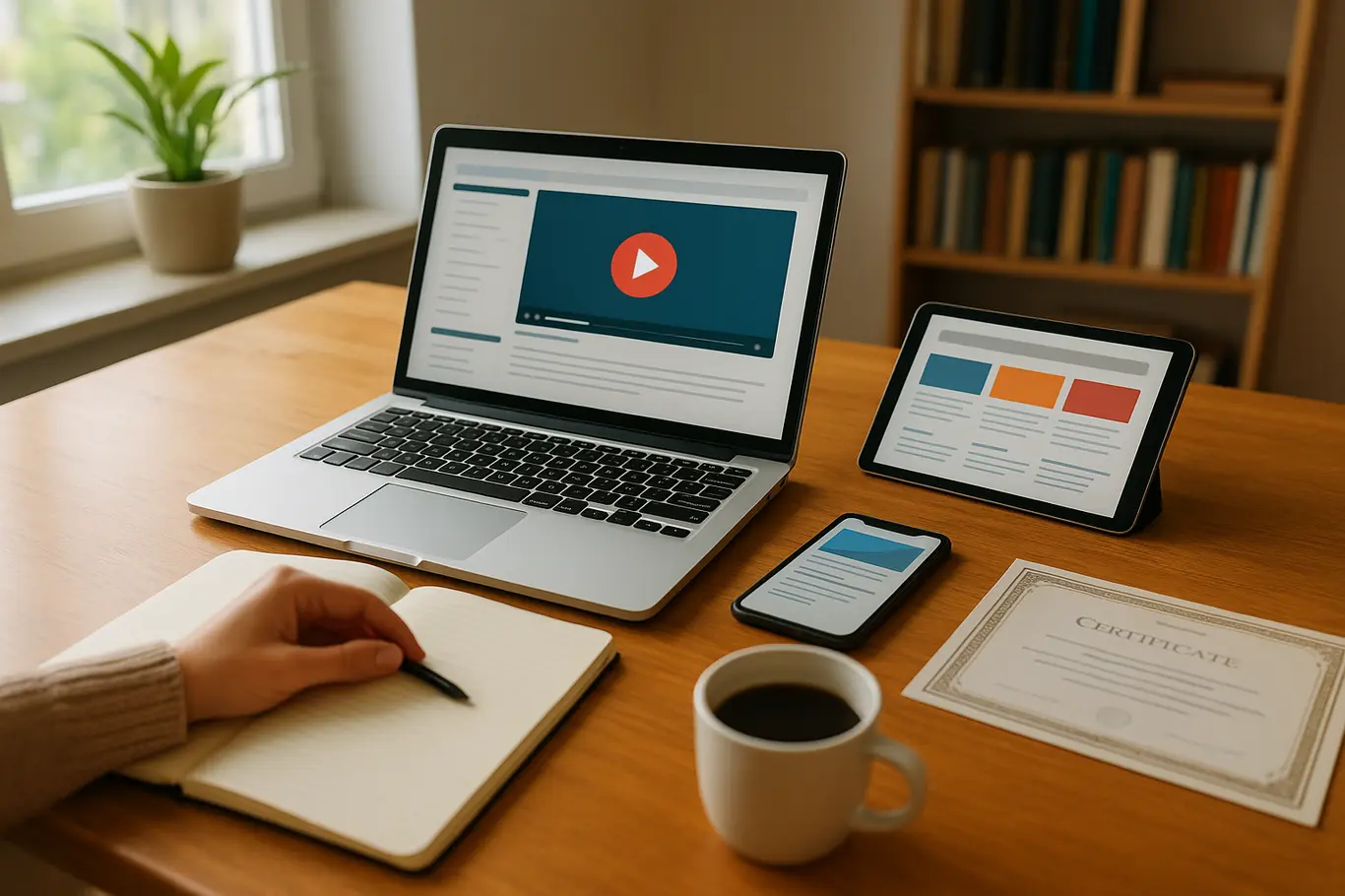 Mesa de estudo com laptop, tablet e smartphone mostrando telas de cursos, certificado desfocado ao lado