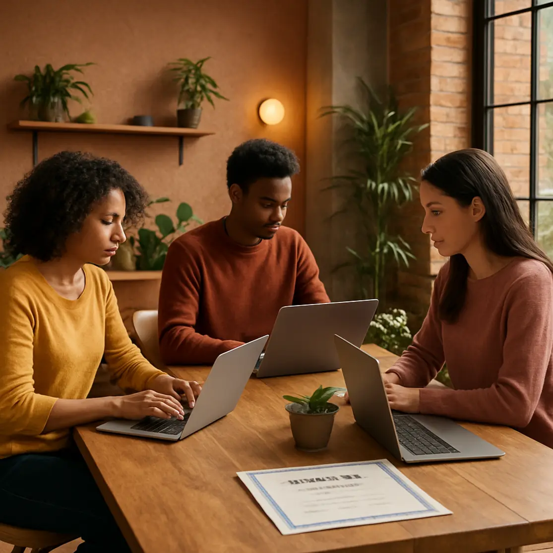 Café moderno com pessoas em perfis estudando em laptops, certificado sobre a mesa, atmosfera comunitária
