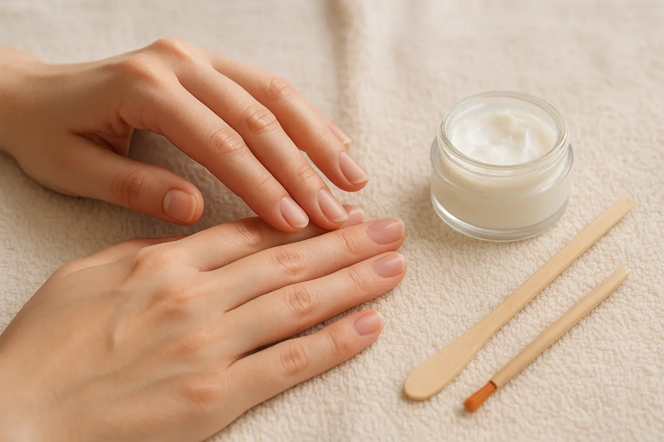 Rotina de cuidado das cutículas com ferramentas e creme sobre toalha