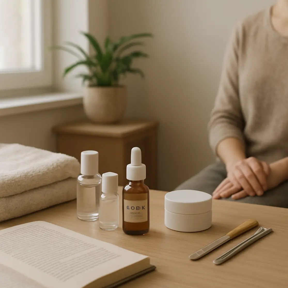 Ambiente de autocuidado com produtos para cutículas em bancada iluminada