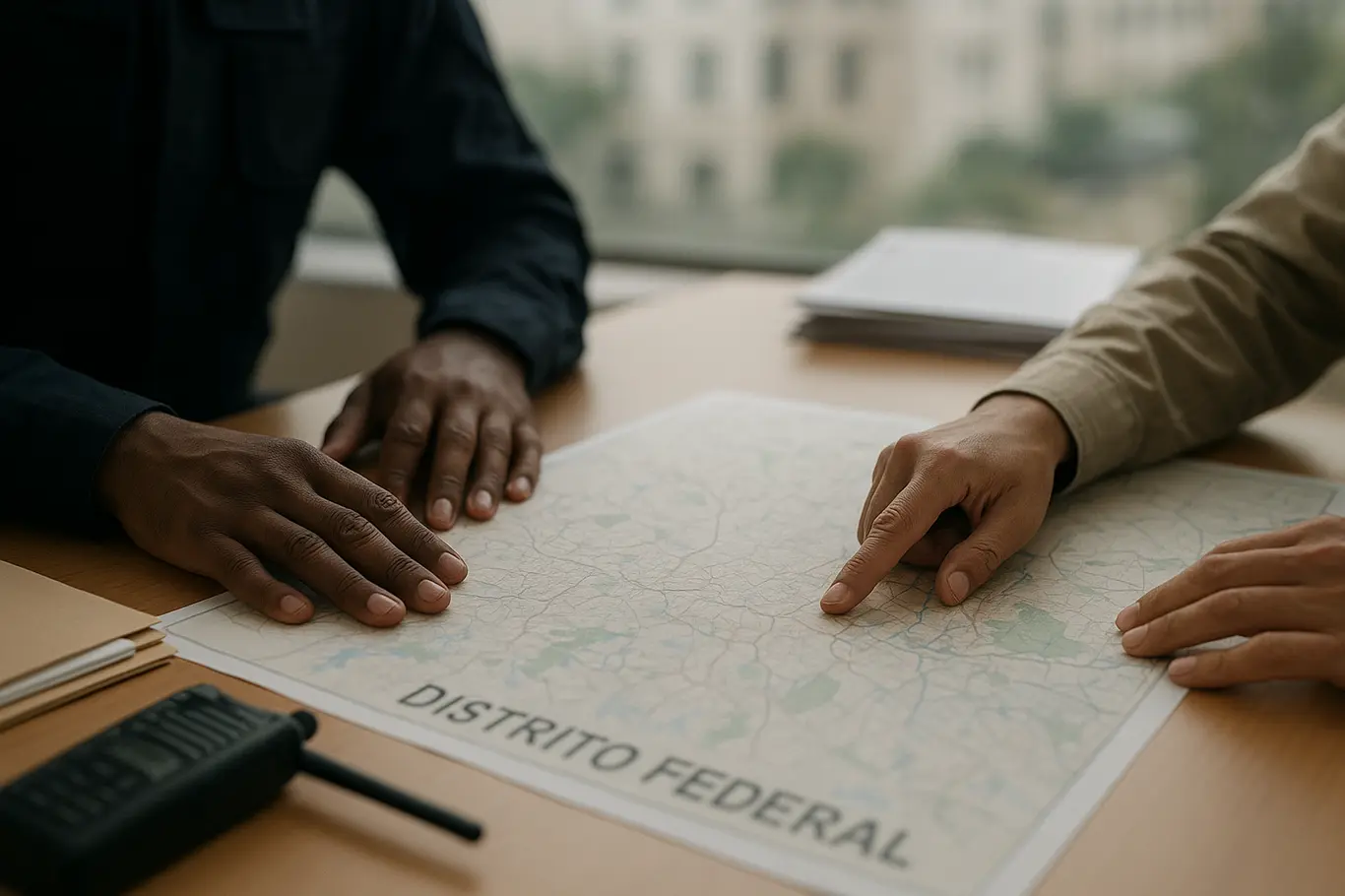 Close-up de mãos apontando para mapa do Distrito Federal sobre mesa com documentos desfocados