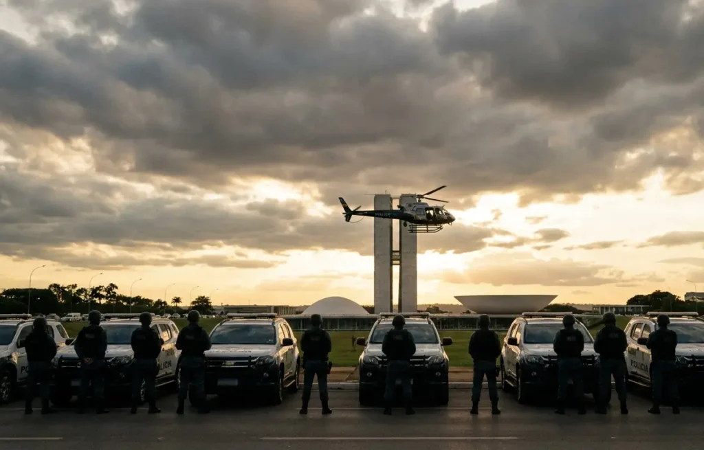 Esplanada dos Ministérios com viaturas e agentes táticos de costas, helicóptero sobrevoando
