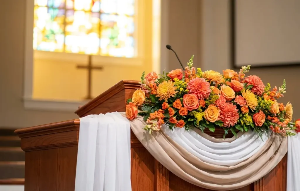 Púlpito central decorado com arranjo de flores e tecido em iluminação quente