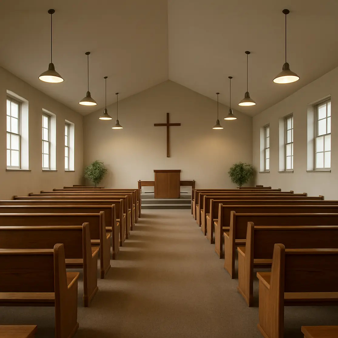 Vista ampla da nave com altar simples, bancos alinhados e decoração discreta