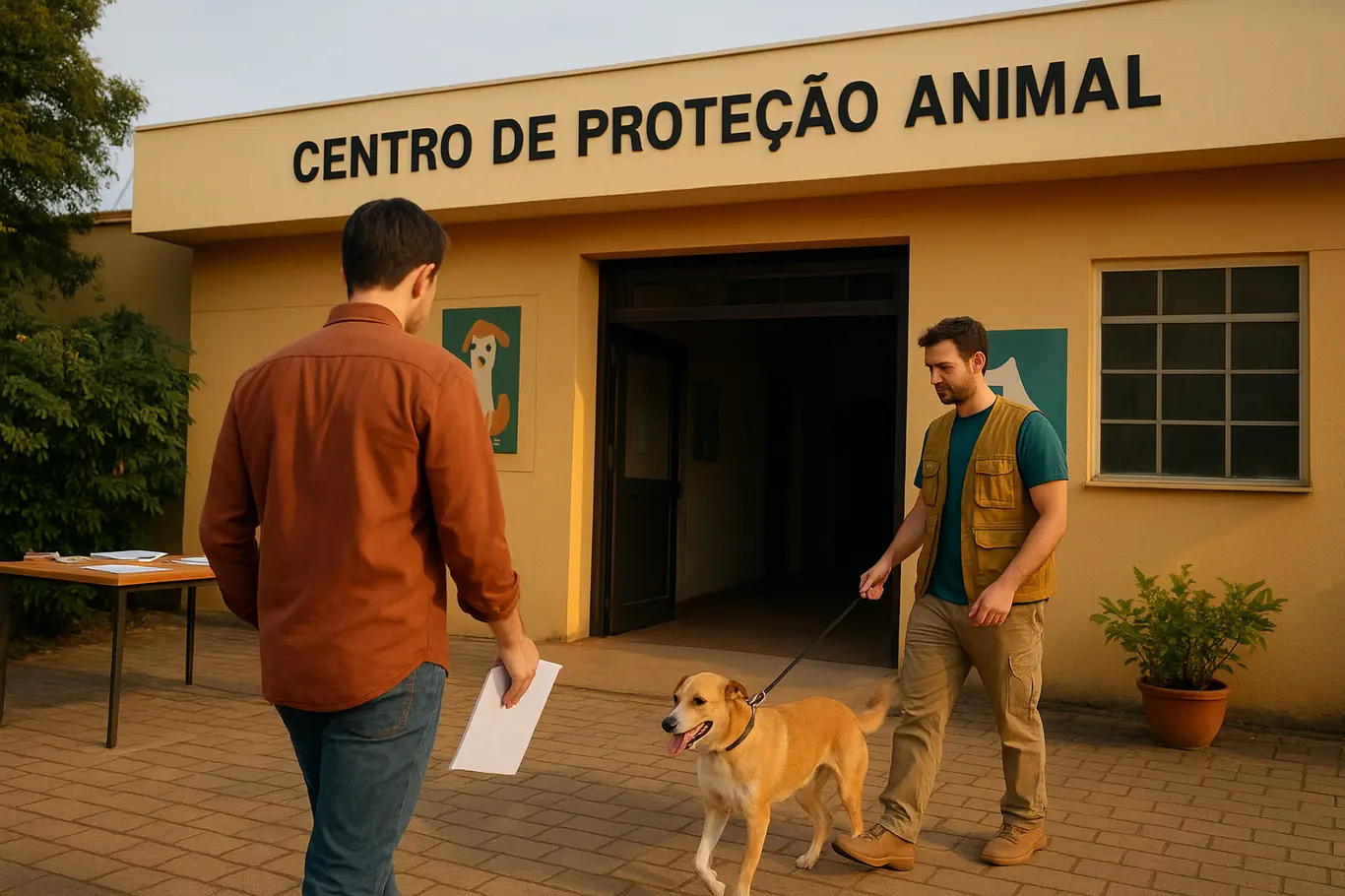 Entrada de centro de proteção animal com cidadão e voluntário guiando cão, perspectiva ampla