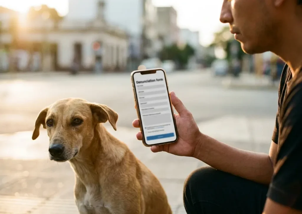 Pessoa em 3/4 com smartphone e cachorro de rua ao lado, luz dourada, cena editorial
