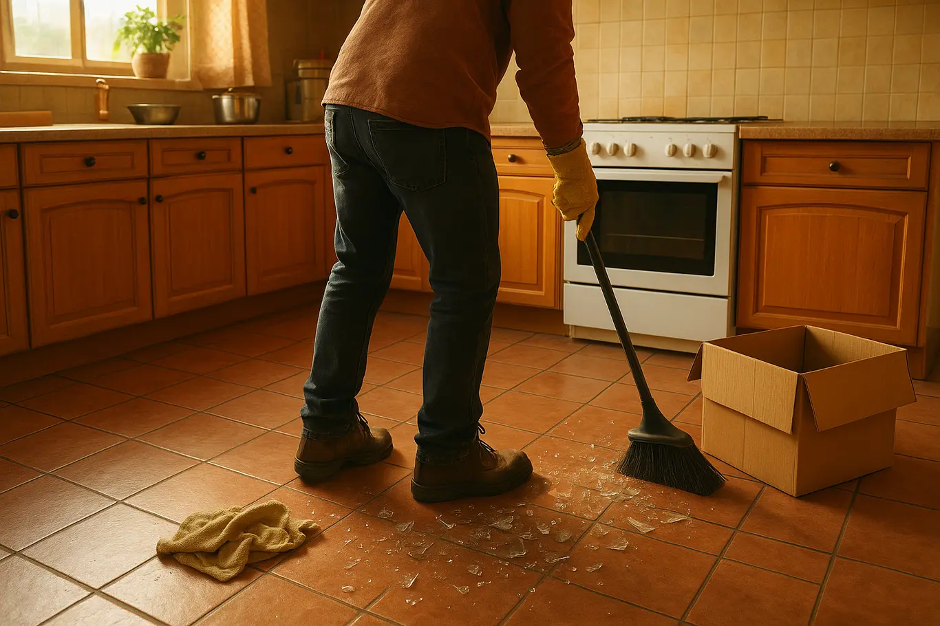 Cena ampla de cozinha com pessoa de costas varrendo cacos de vidro para uma pá ao lado de caixa pronta