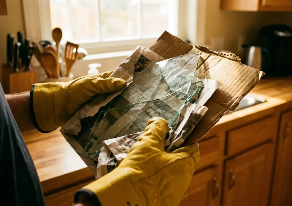 Mãos com luvas segurando pedaço de vidro quebrado envolto em papelão na cozinha