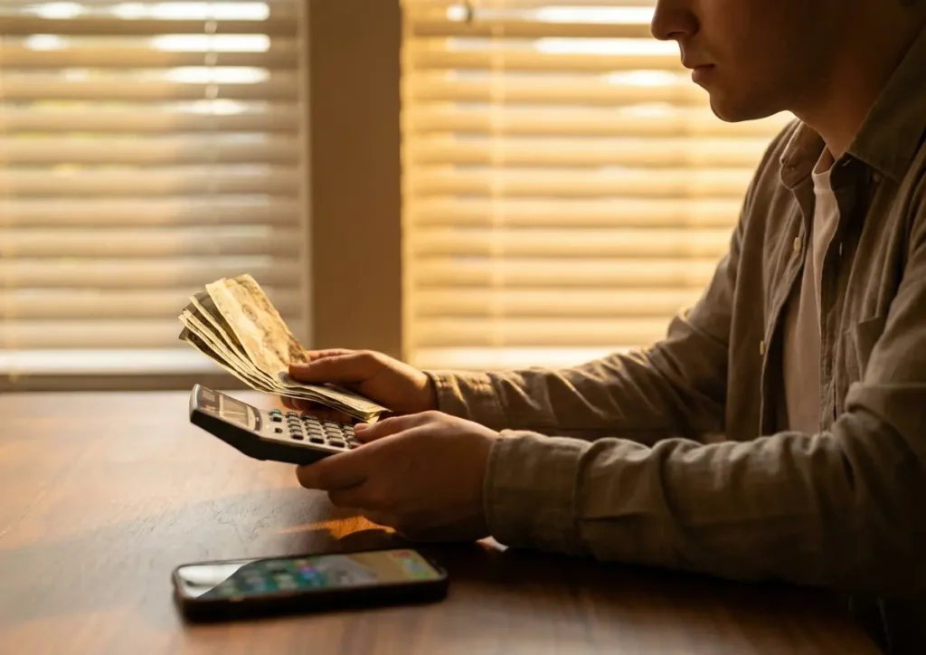 Pessoa em perfil 3/4 segurando papéis de cobrança e calculadora sobre mesa, luz dourada.