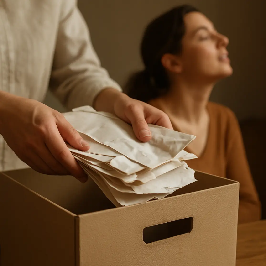 Mãos depositando envelopes amassados em caixa de arquivo, pessoa ao fundo em perfil respirando aliviada.