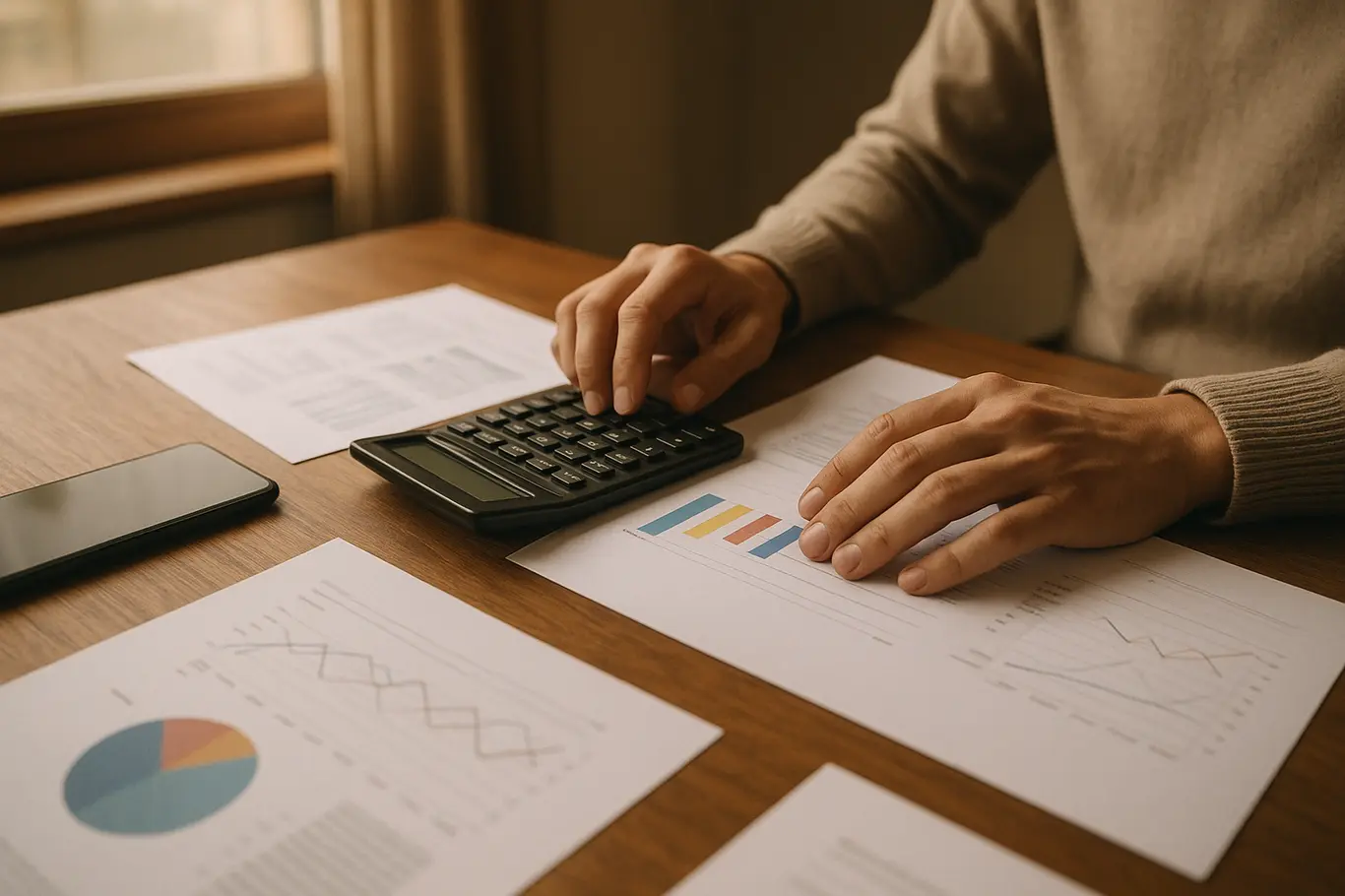 Mãos organizando documentos e calculadora sobre mesa em atendimento comunitário