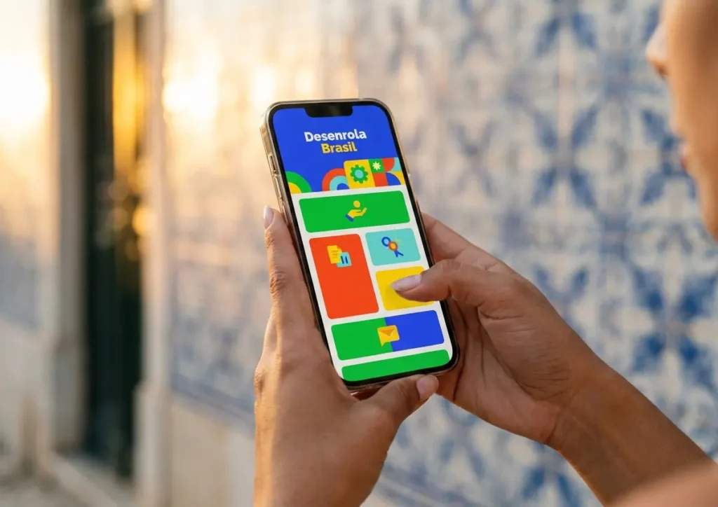 Aplicativo Desenrola Brasil 2026: saiba se vale usar o app Mãos em 3/4 segurando smartphone com interface colorida do aplicativo Desenrola Brasil, fundo urbano desfocado e luz dourada