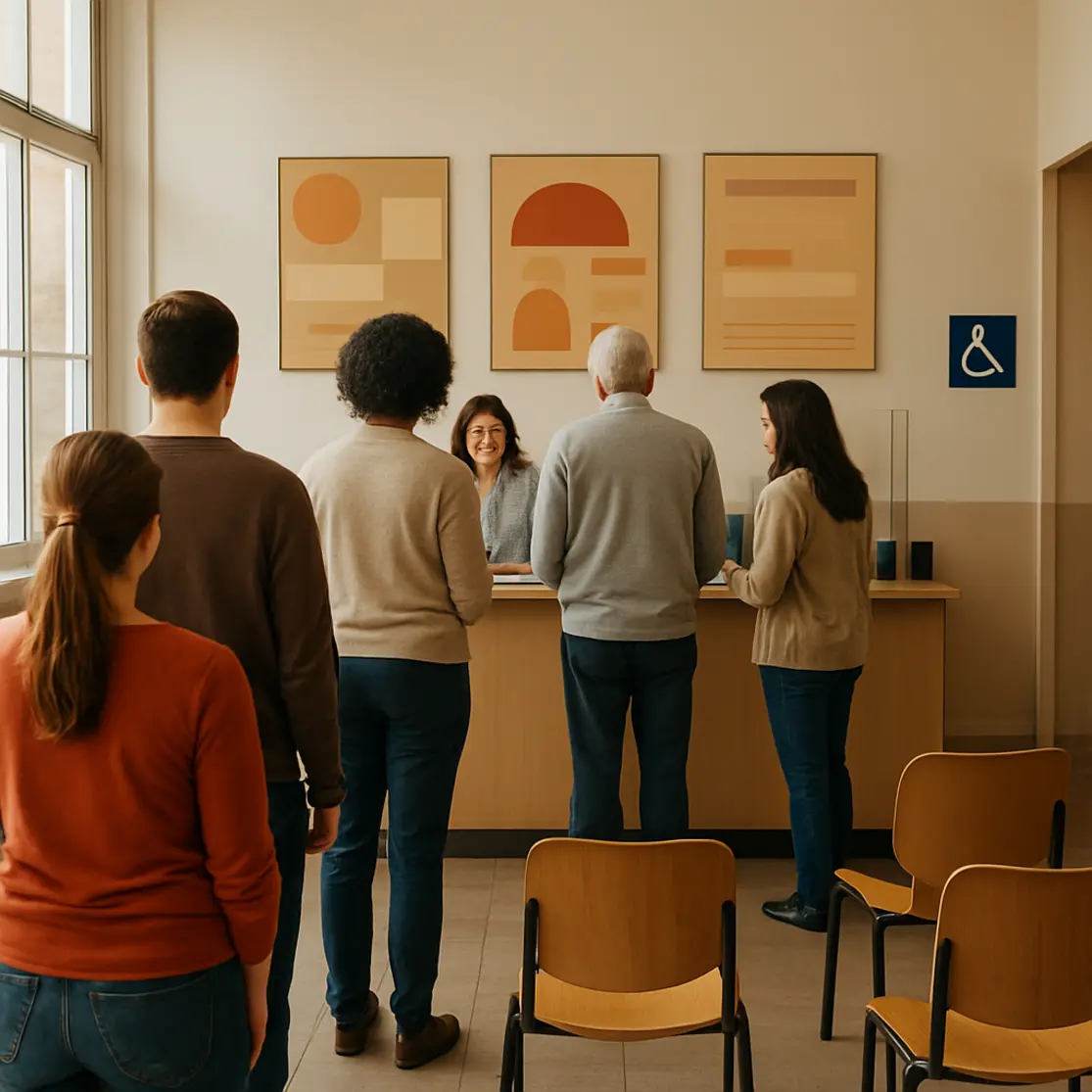 Ambiente de atendimento comunitário com pessoas de costas e balcão