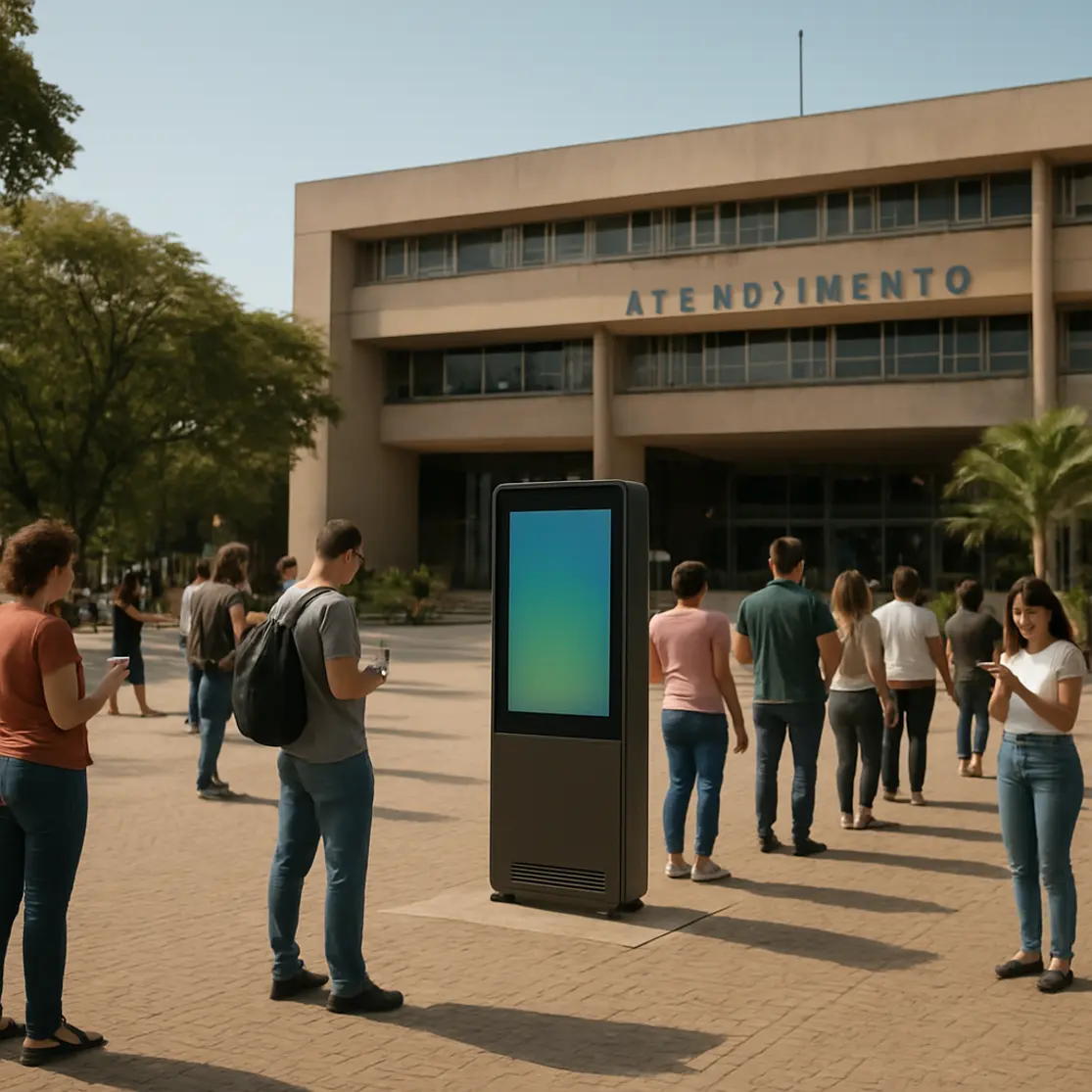 Plano aberto mostrando praça com pessoas consultando celulares e filas organizadas em frente a prédio de atendimento público