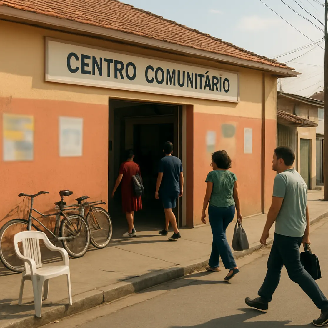 Rua de bairro com centro comunitário e pessoas em movimento, arquitetura local e elementos urbanos