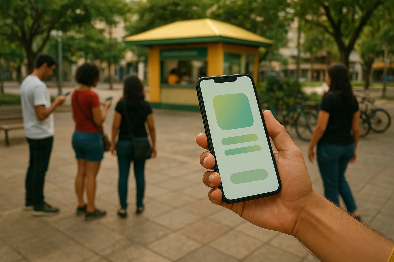 Cena aberta em praça urbana com pessoas usando celulares, foco em mão com smartphone mostrando interface abstrata