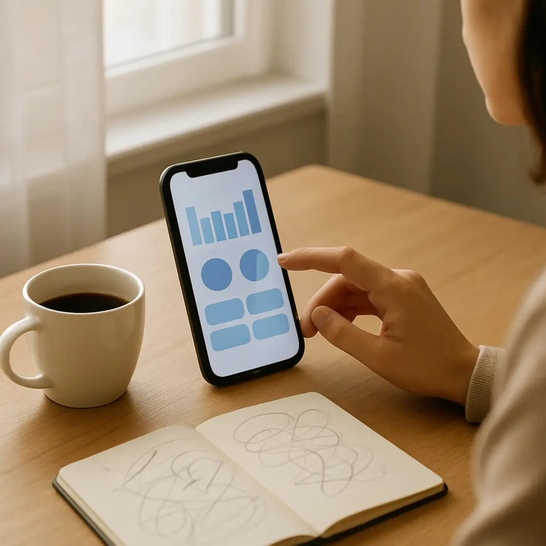 Mesa doméstica com smartphone ao lado de café e bloco de notas, mão alcançando o aparelho