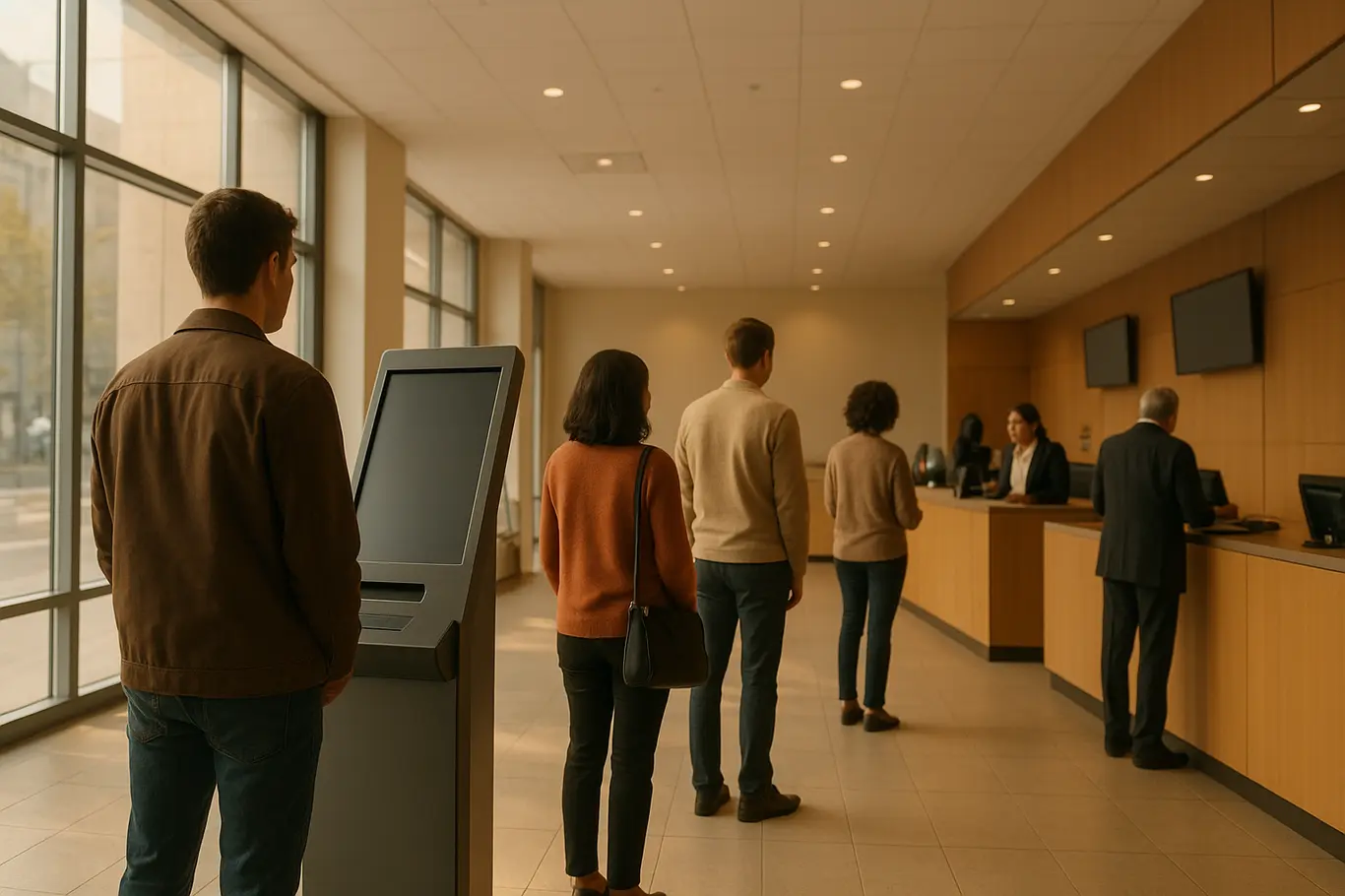 Interior amplo de agência com filas paralelas para totens e gerentes, perspectiva ampla