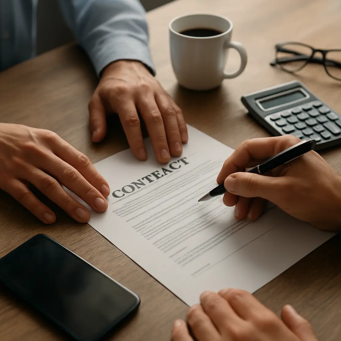 Close nas mãos de cliente e gerente sobre mesa com contrato e smartphone desfocados