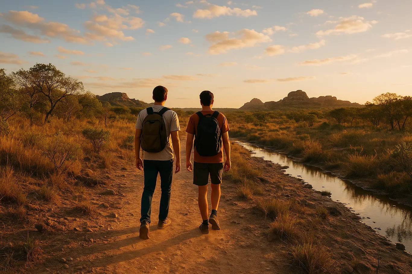 Duas pessoas caminhando por trilha do cerrado com formações rochosas e riacho ao fundo