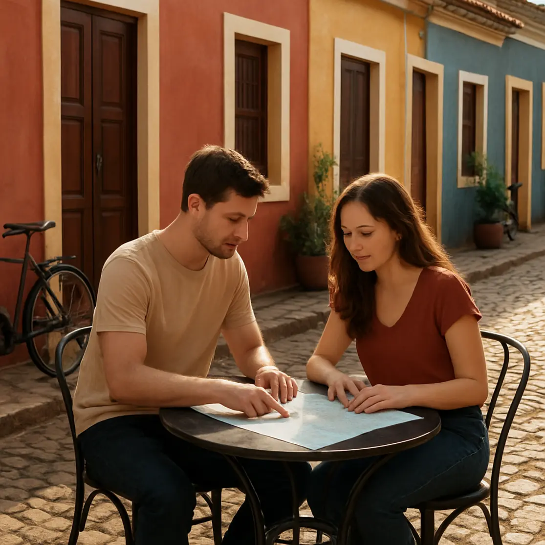 Casal em mesa de cafeteria numa rua colonial com fachadas coloridas e calçamento de pedras