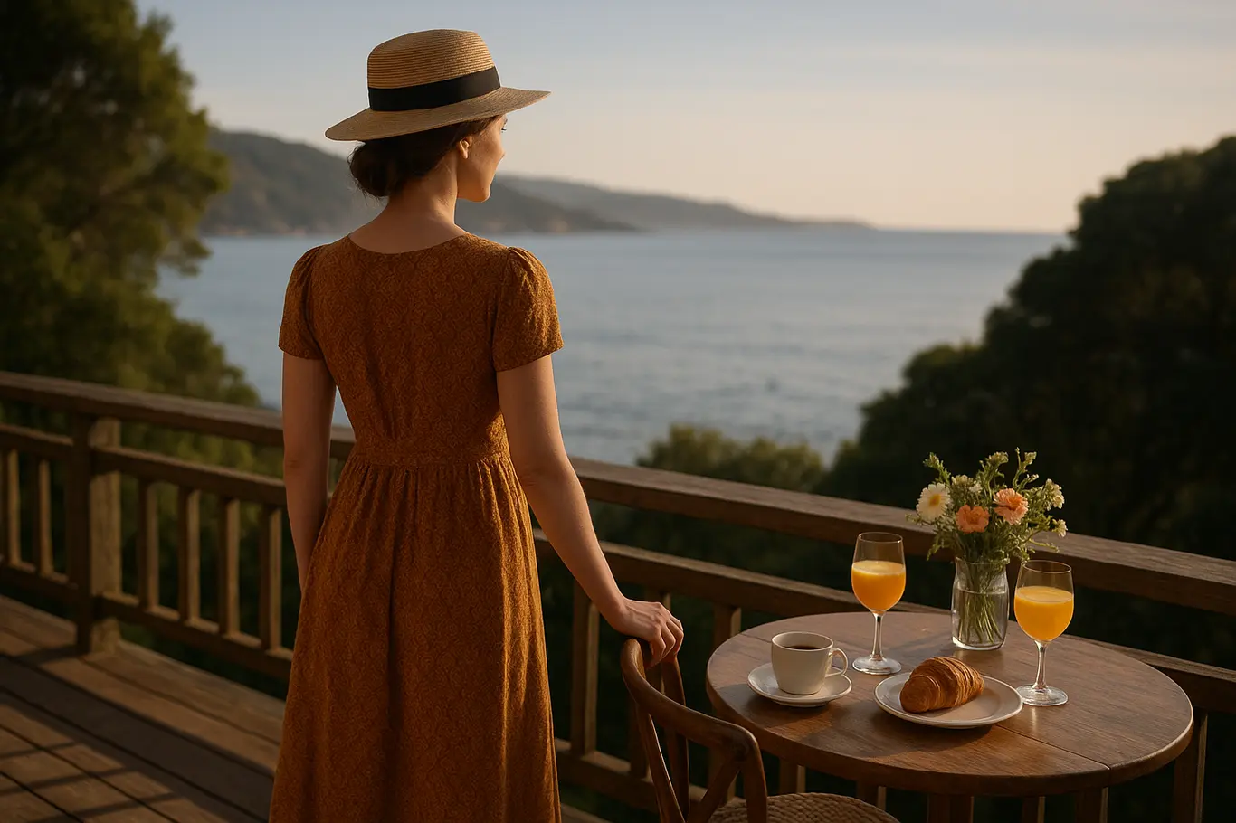 Varanda com mesa de café da manhã e mãe em 3/4 olhando o mar, cenário romântico