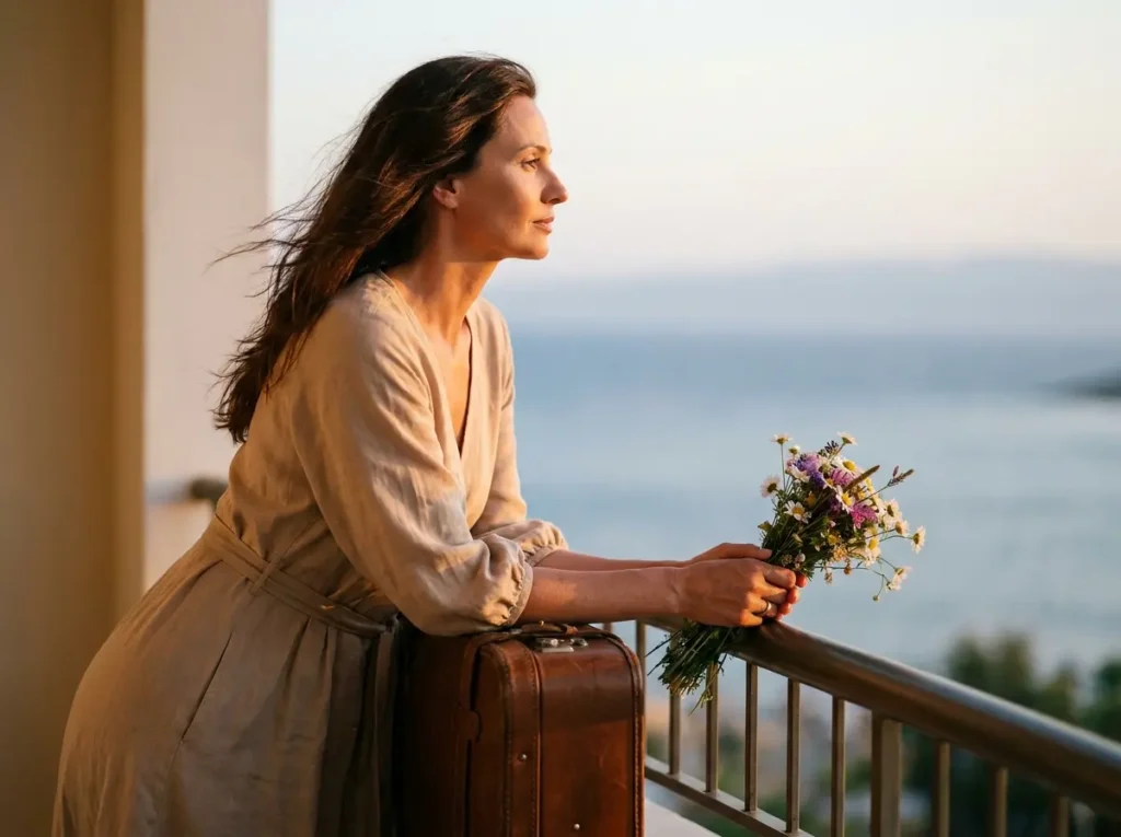 Mãe em 3/4 na varanda do hotel ao pôr do sol segurando buquê, cena romântica e vibrante