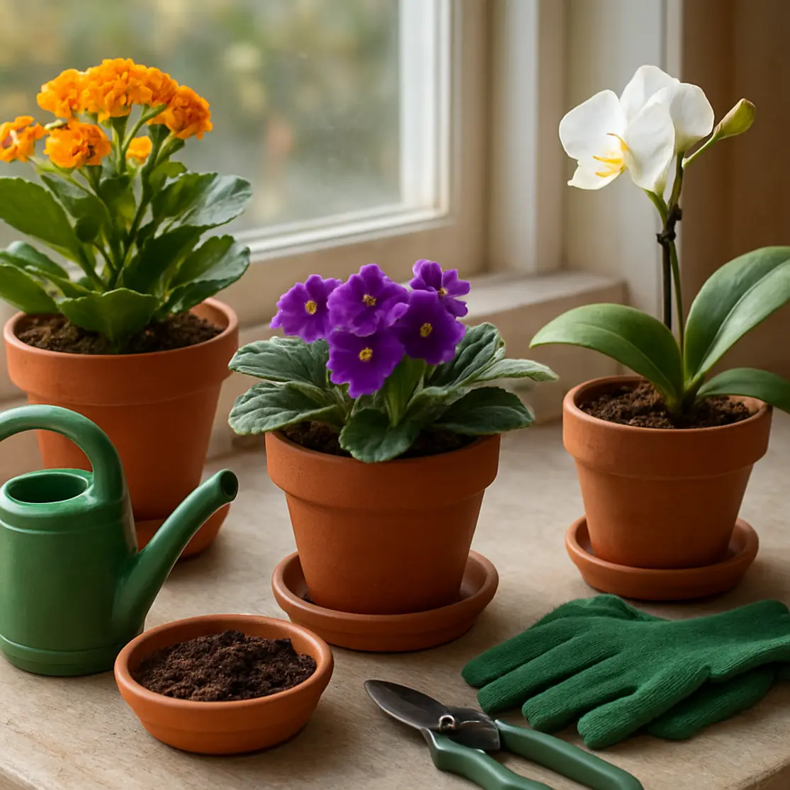 Parapeito com vasos de kalanchoe, violetas e orquídea e ferramentas de jardinagem.