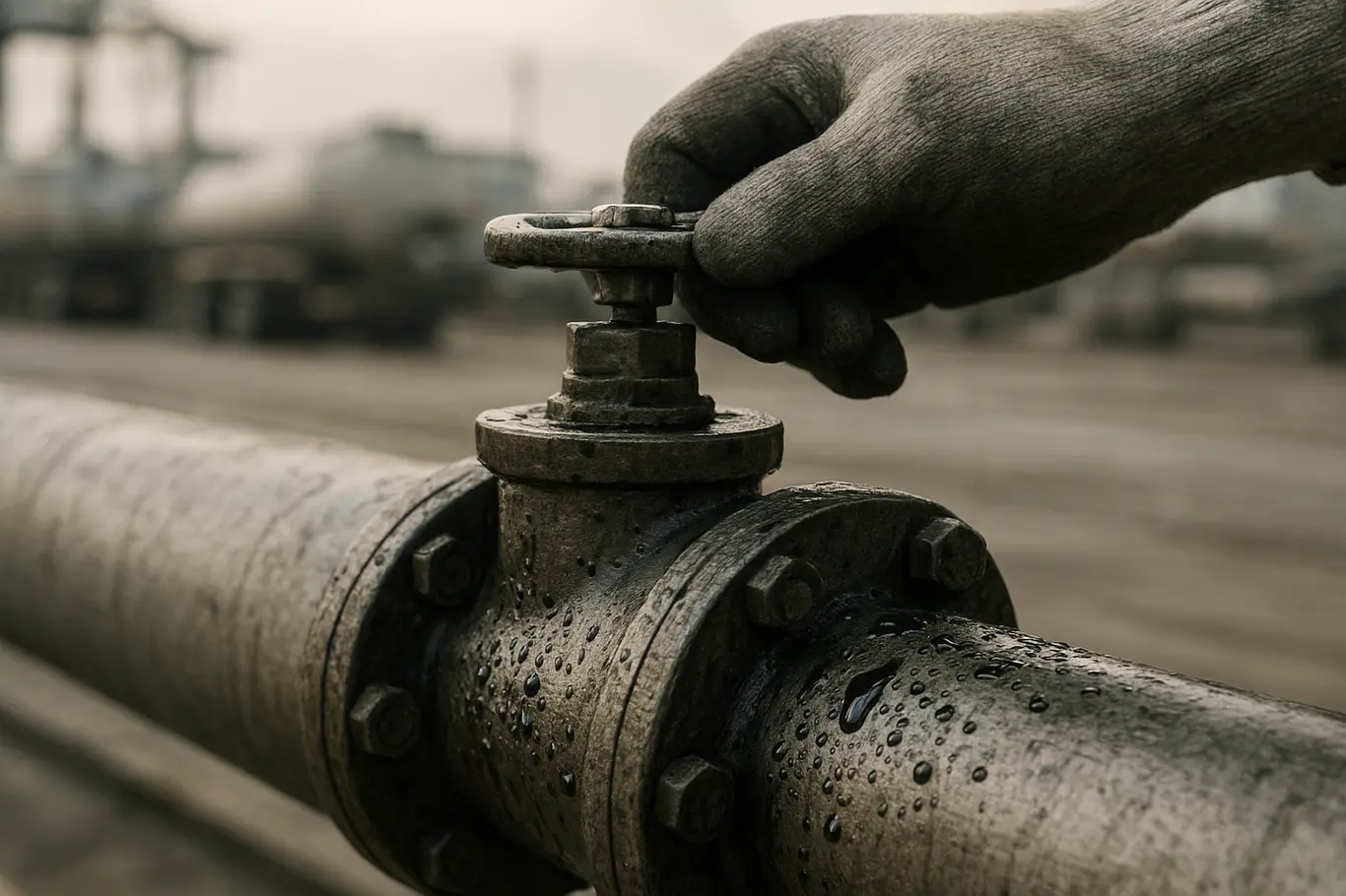 Detalhe de válvula de duto com mão enluvada e gotas de diesel, fundo desfocado com caminhões-tanque