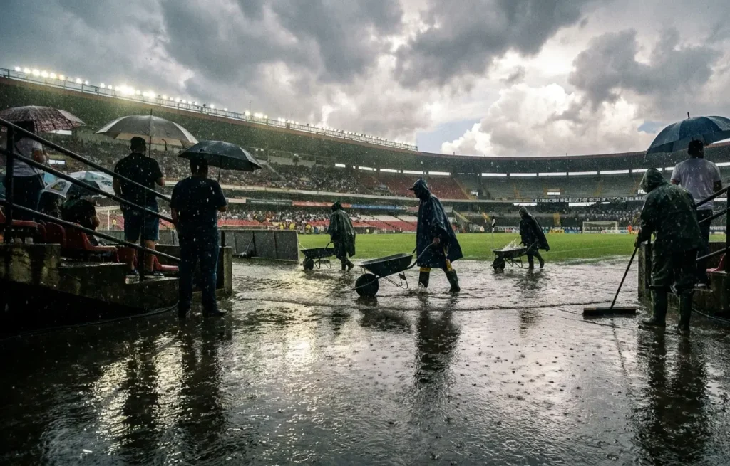 Gramado alagado no estádio de Belém durante chuva intensa
