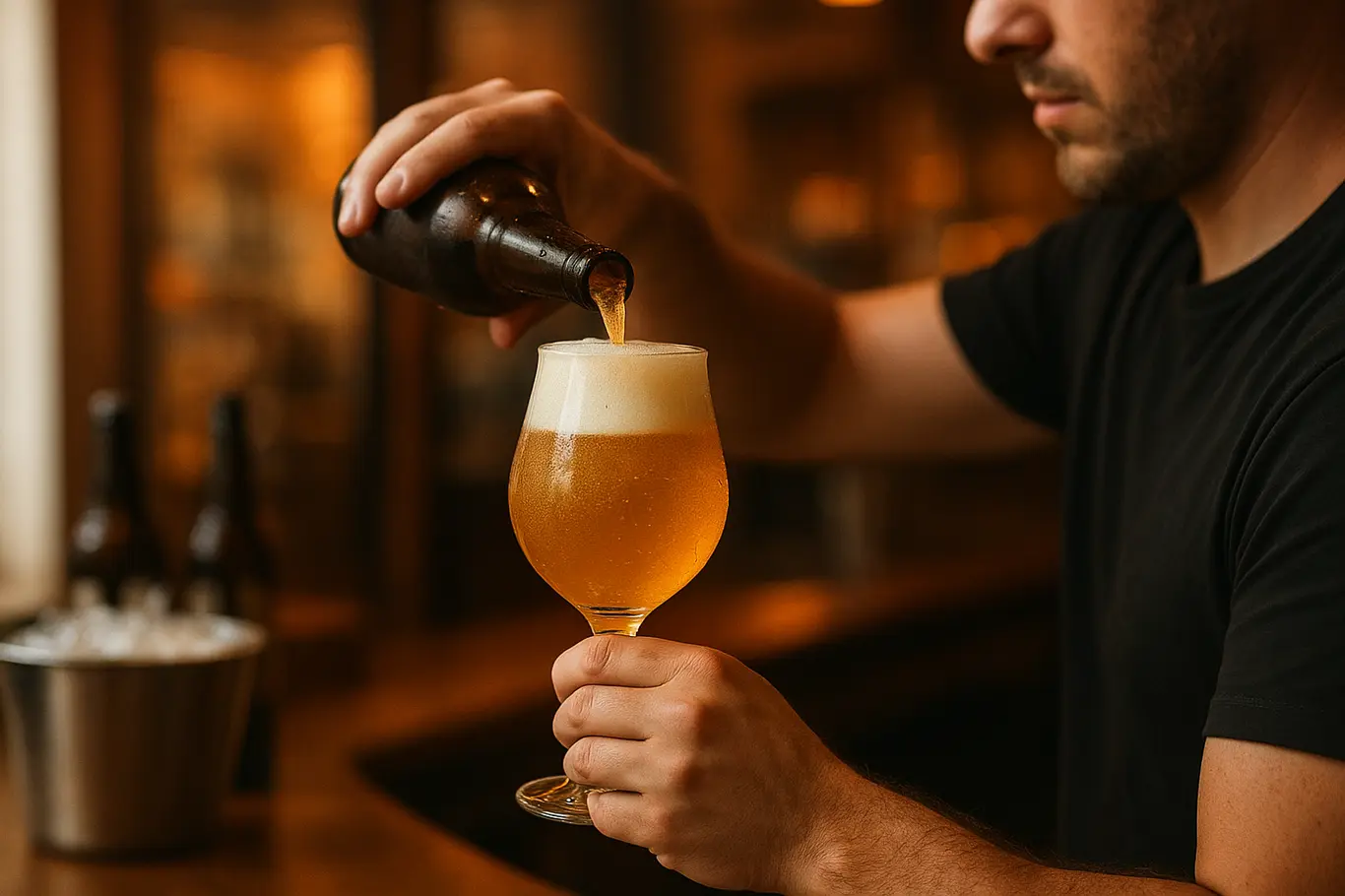 Close-up de barman servindo chope com espuma e gotas de condensação
