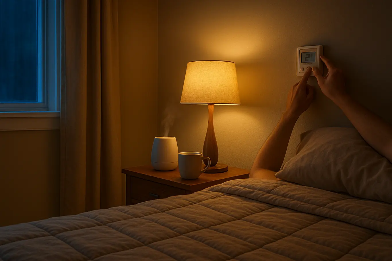 Quarto visto do pé da cama com colcha térmica, caneca de chá, umidificador e termostato na parede