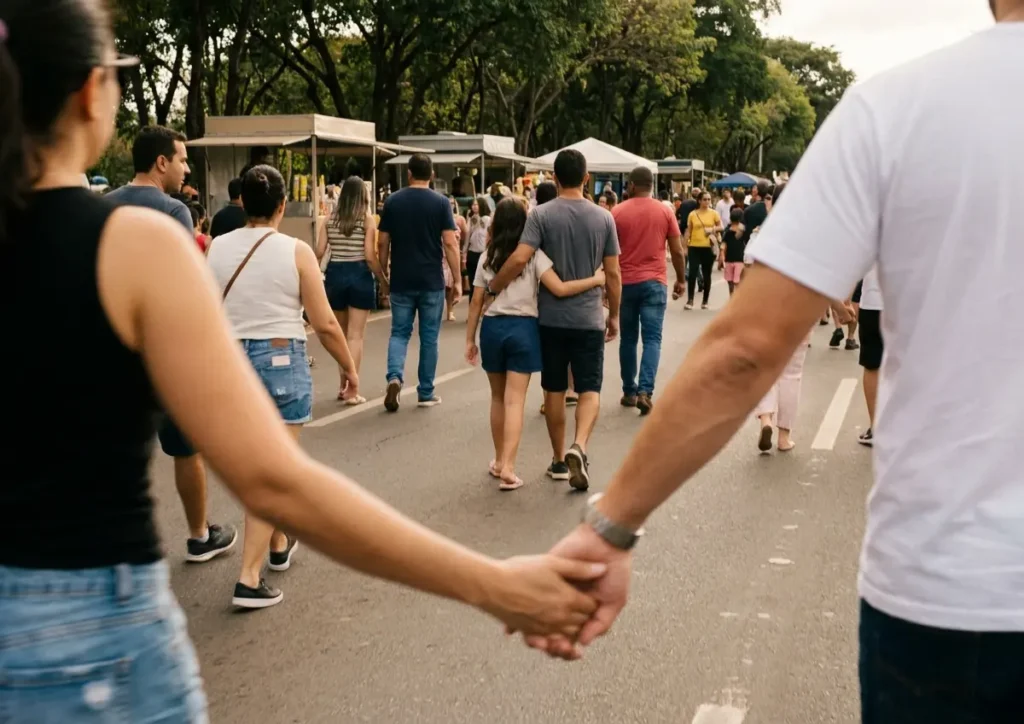 Famílias caminhando de costas e de perfil no Eixão do Lazer em Brasília, mãos dadas e abraços.