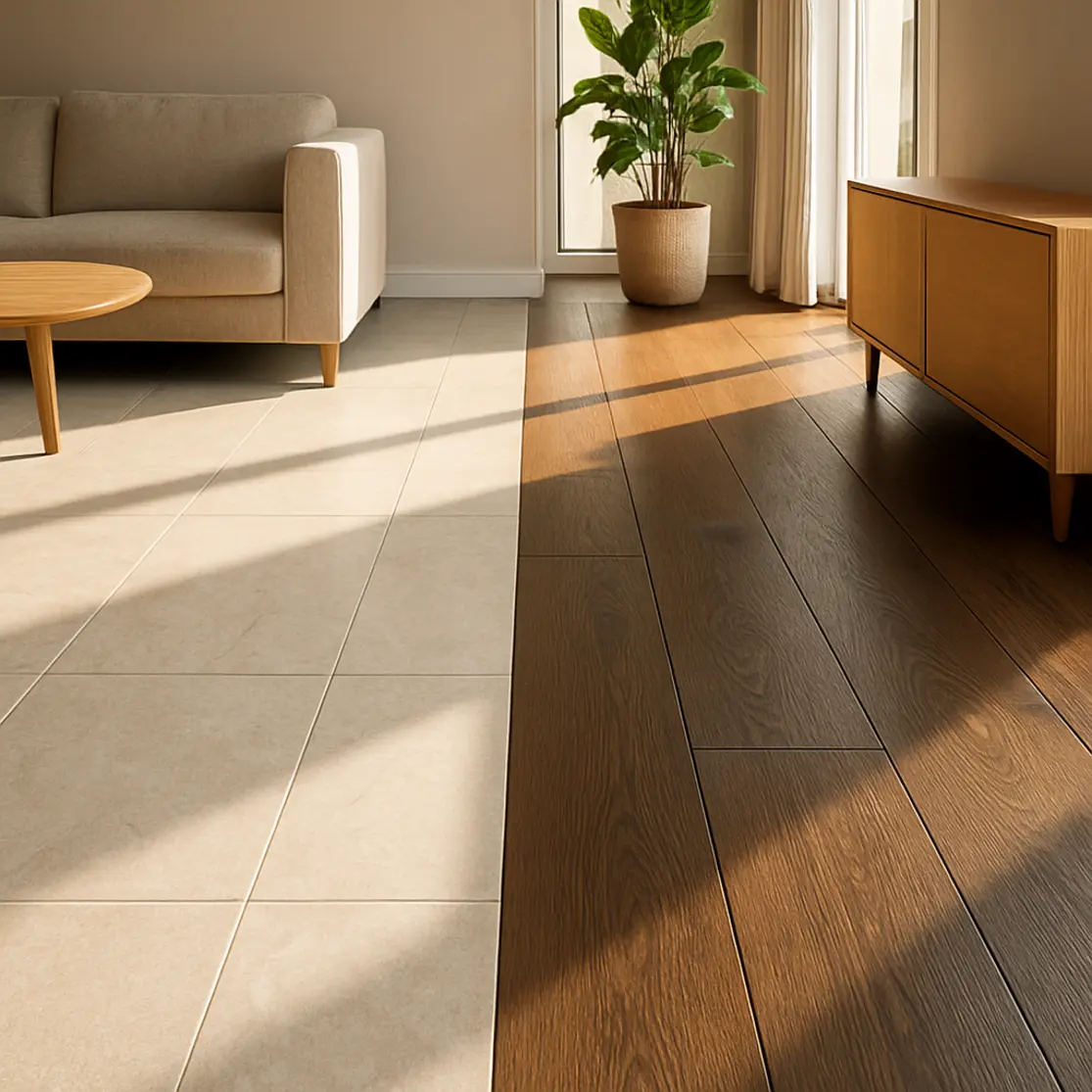 Sala com dois tipos de piso lado a lado para comparação, iluminação natural