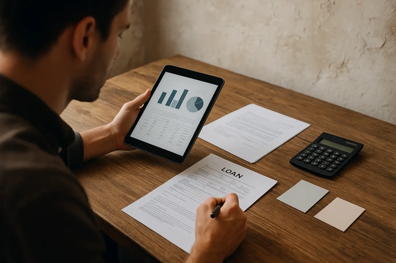 Enquadramento sobre o ombro de morador comparando propostas em tablet com calculadora e amostras de tinta na mesa