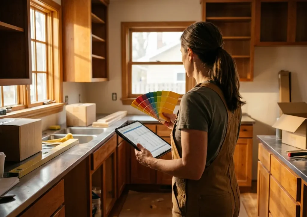 Moradora em três-quartos segurando amostras de tinta e tablet em cozinha em reforma