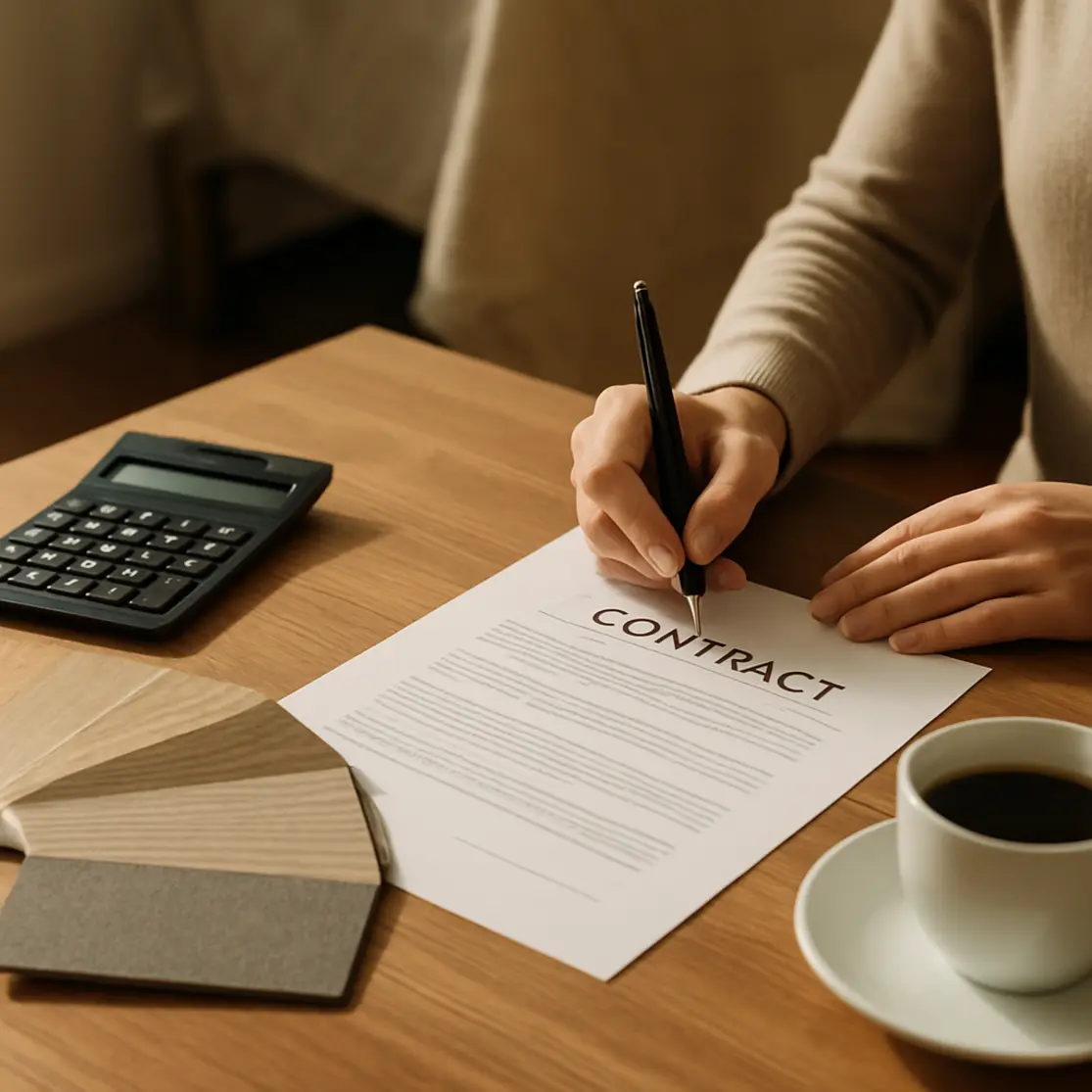 Mesa com contrato, calculadora e amostras de material para reforma