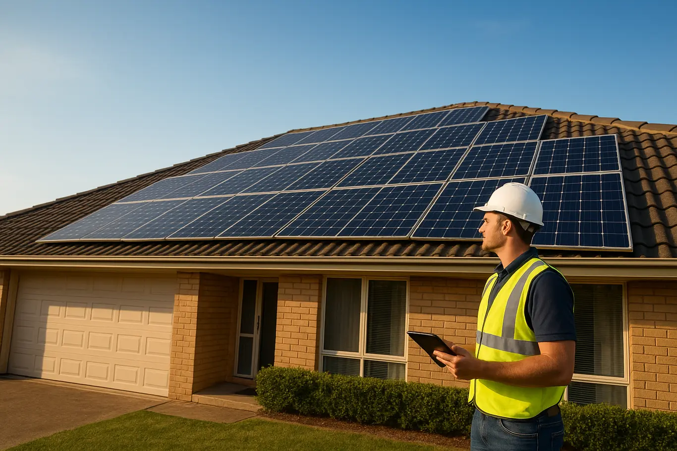 Residência com telhado coberto por painéis solares vista em plano aberto, técnico verifica instalação