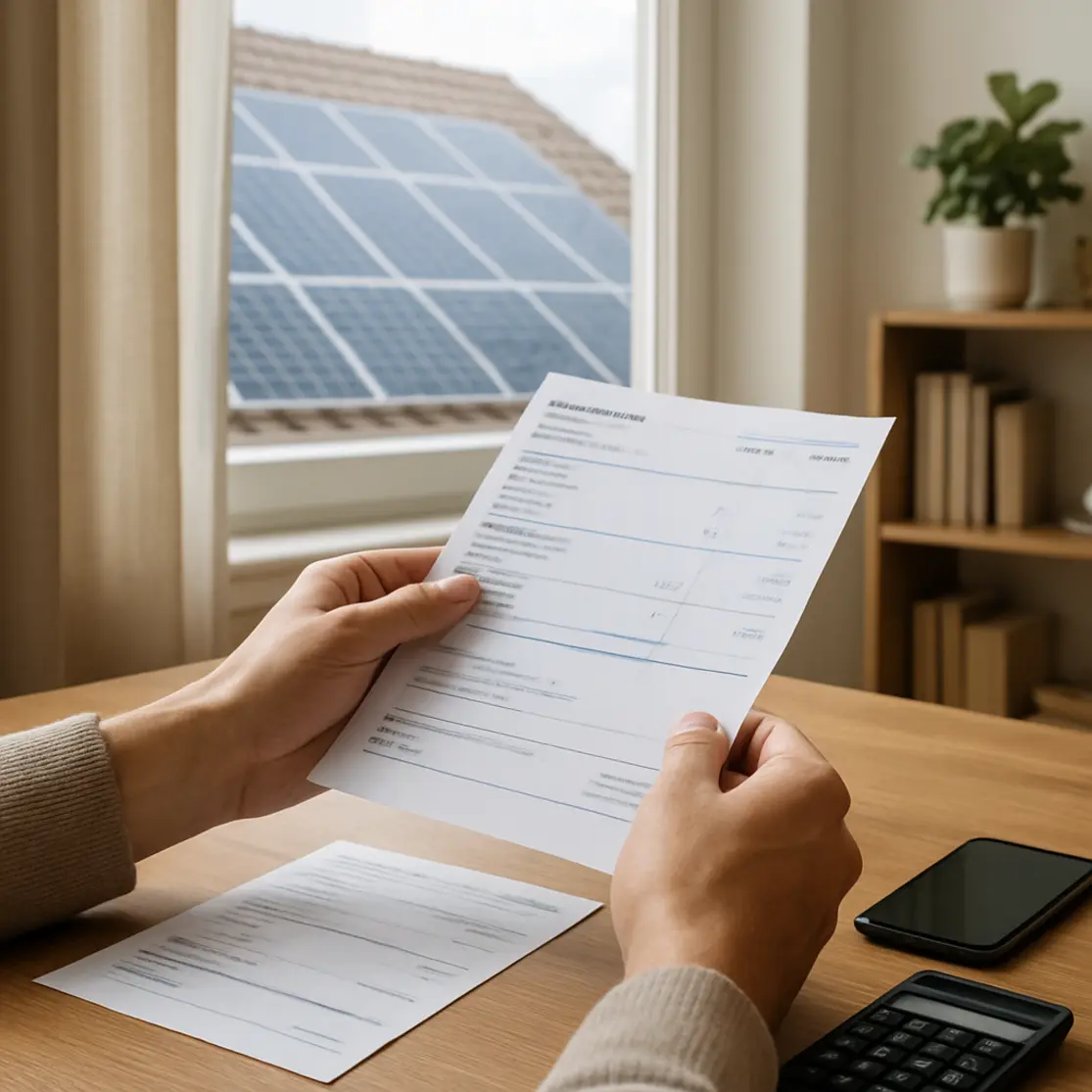 Mãos segurando fatura de energia reduzida com painel solar visível pela janela
