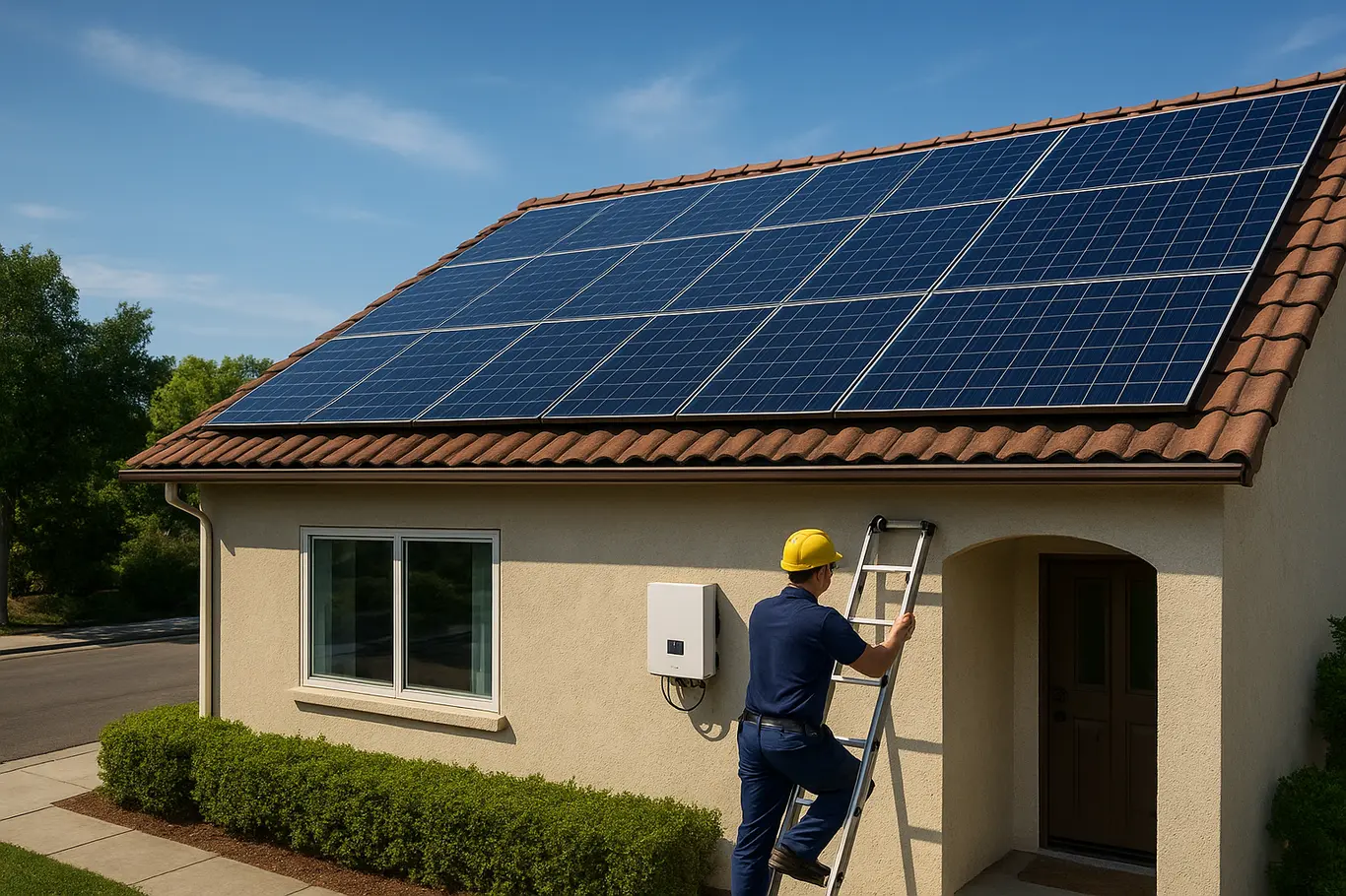 Vista ampla de residência com vários painéis solares e técnico em perfil na escada
