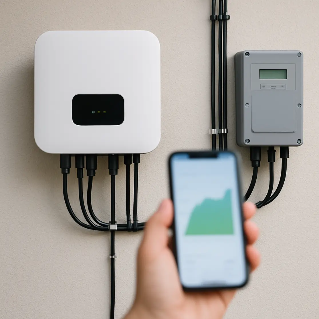 Inversor solar e medidor bidirecional na parede com mão segurando smartphone mostrando dados de geração