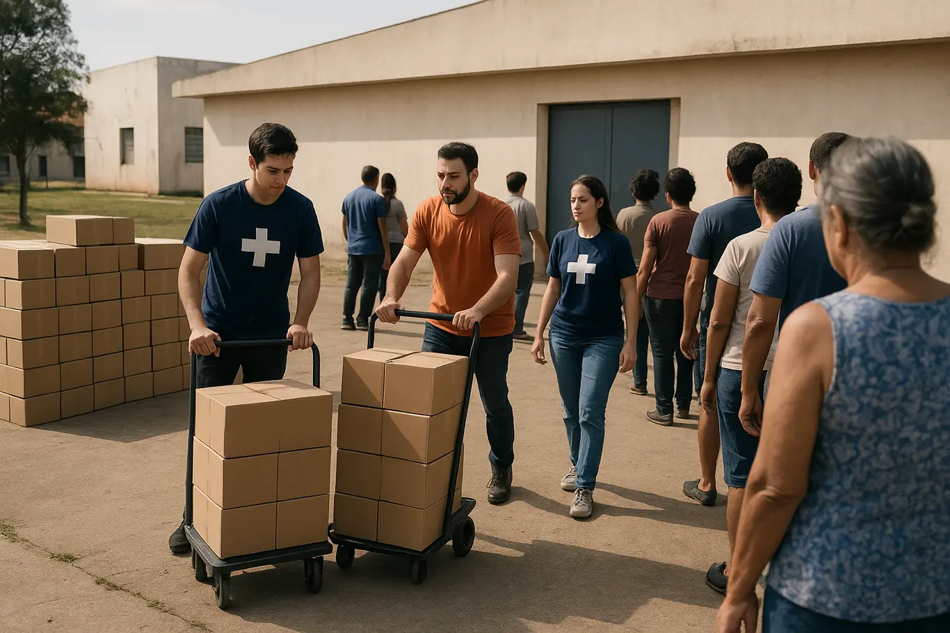 Voluntários movendo caixas de óculos em área externa do centro comunitário do Sol Nascente, fila de pessoas de costas