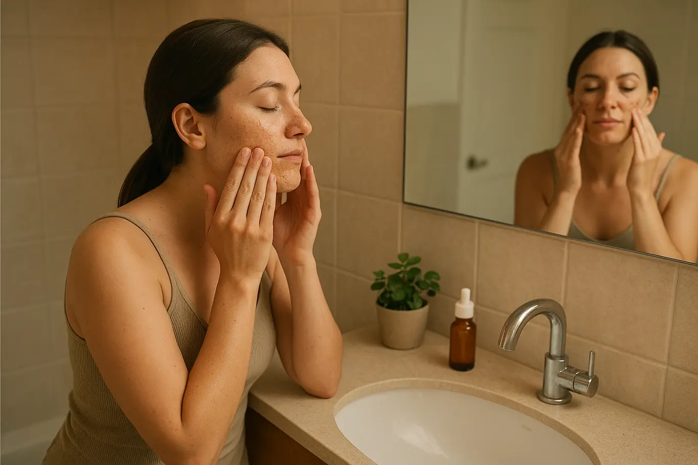 Cena ampla de banheiro com mulher aplicando esfoliante, bancada com produtos e toalha