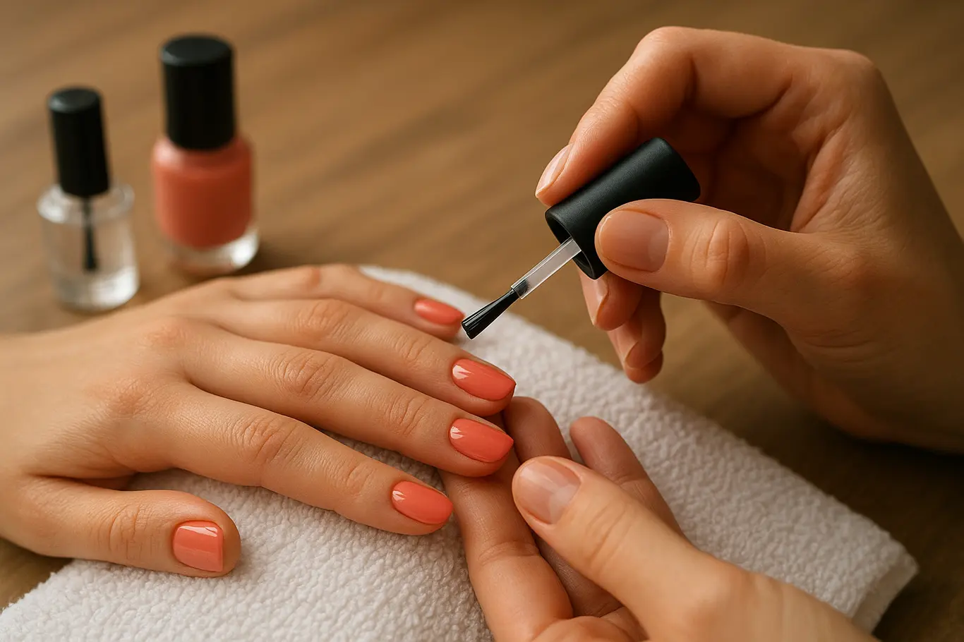 Manicure aplicando top coat em unhas coral para evitar lascas